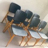 Set of 6 Scandinavian chairs in light wood and black faux leather