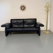 3-seater navy blue leather sofa, design by De Sede DS10, vintage 90s.