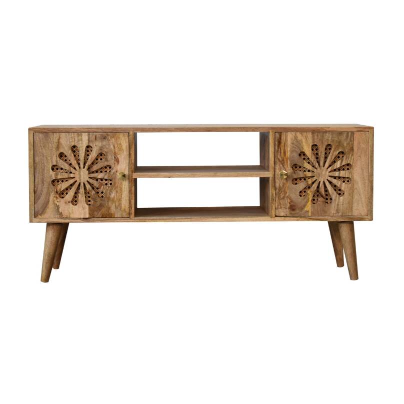 Rosalie Rattan and Solid Mango Wood Media Unit, Modern Console with Cut-Out Petal Design, Brass Knob