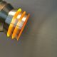 Danish/Swedish hanging lamp, in silver-coloured aluminium with orange interior paint.
