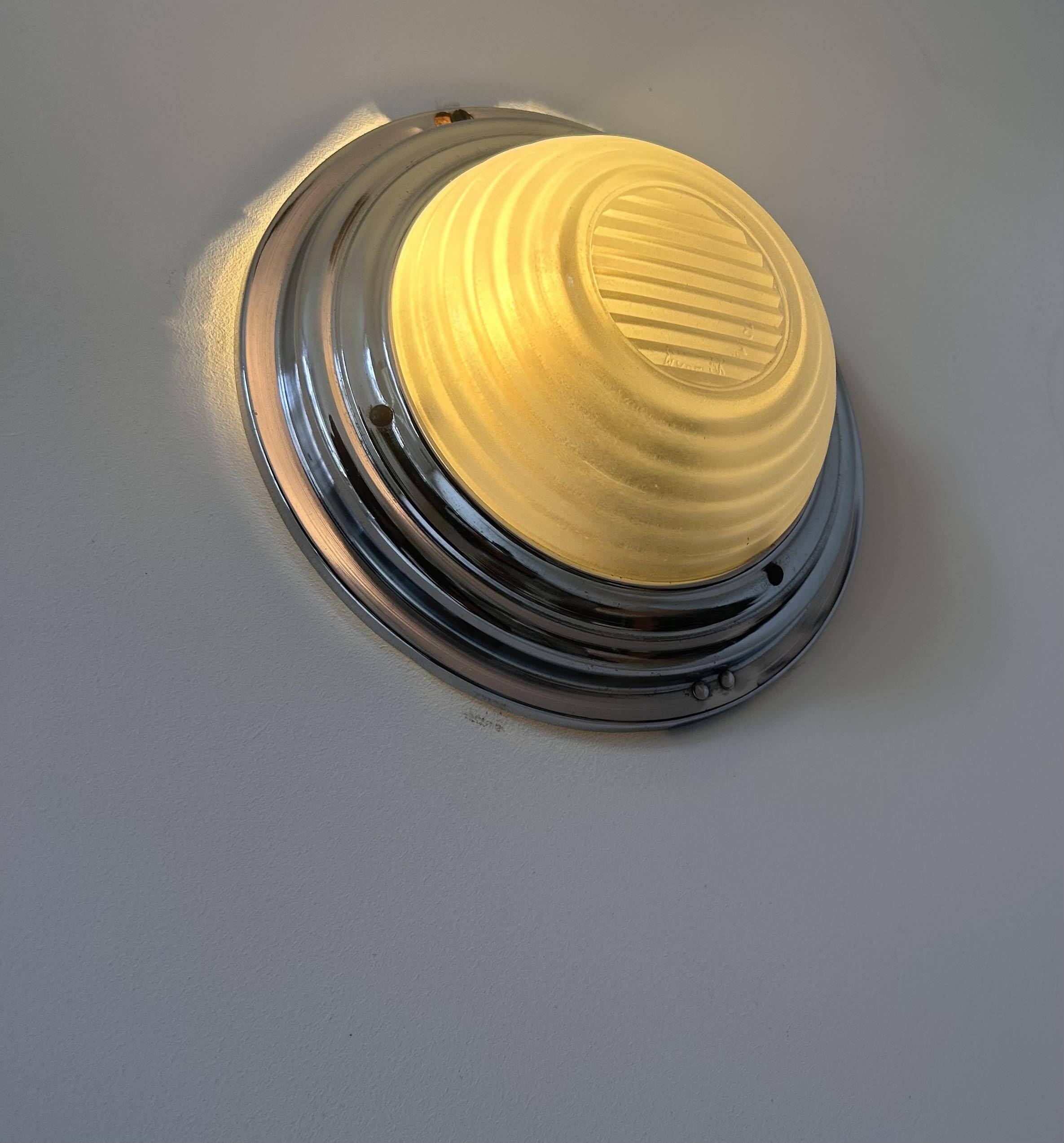 Vintage modernist wall lamp, chrome and sandblasted glass, France 1930