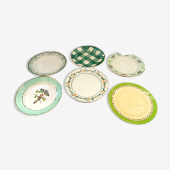 Assortiment de 6 assiettes plates anciennes dominante verte