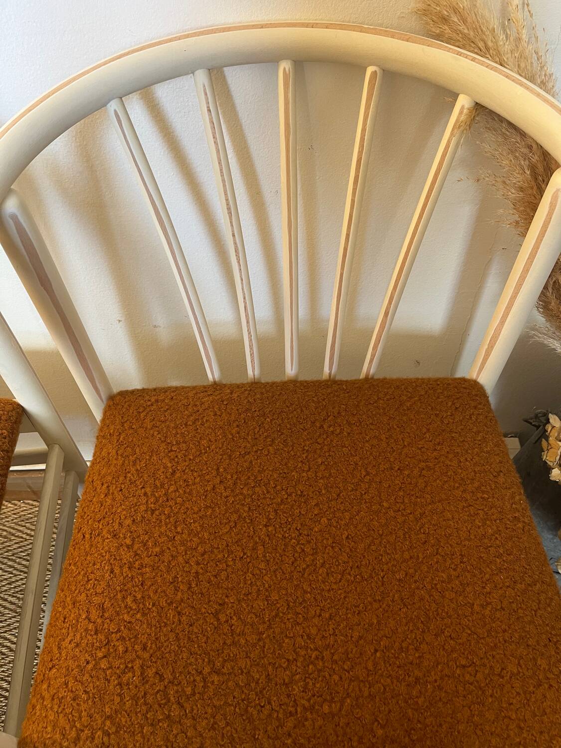Pair of vintage wood and loop wool armchairs