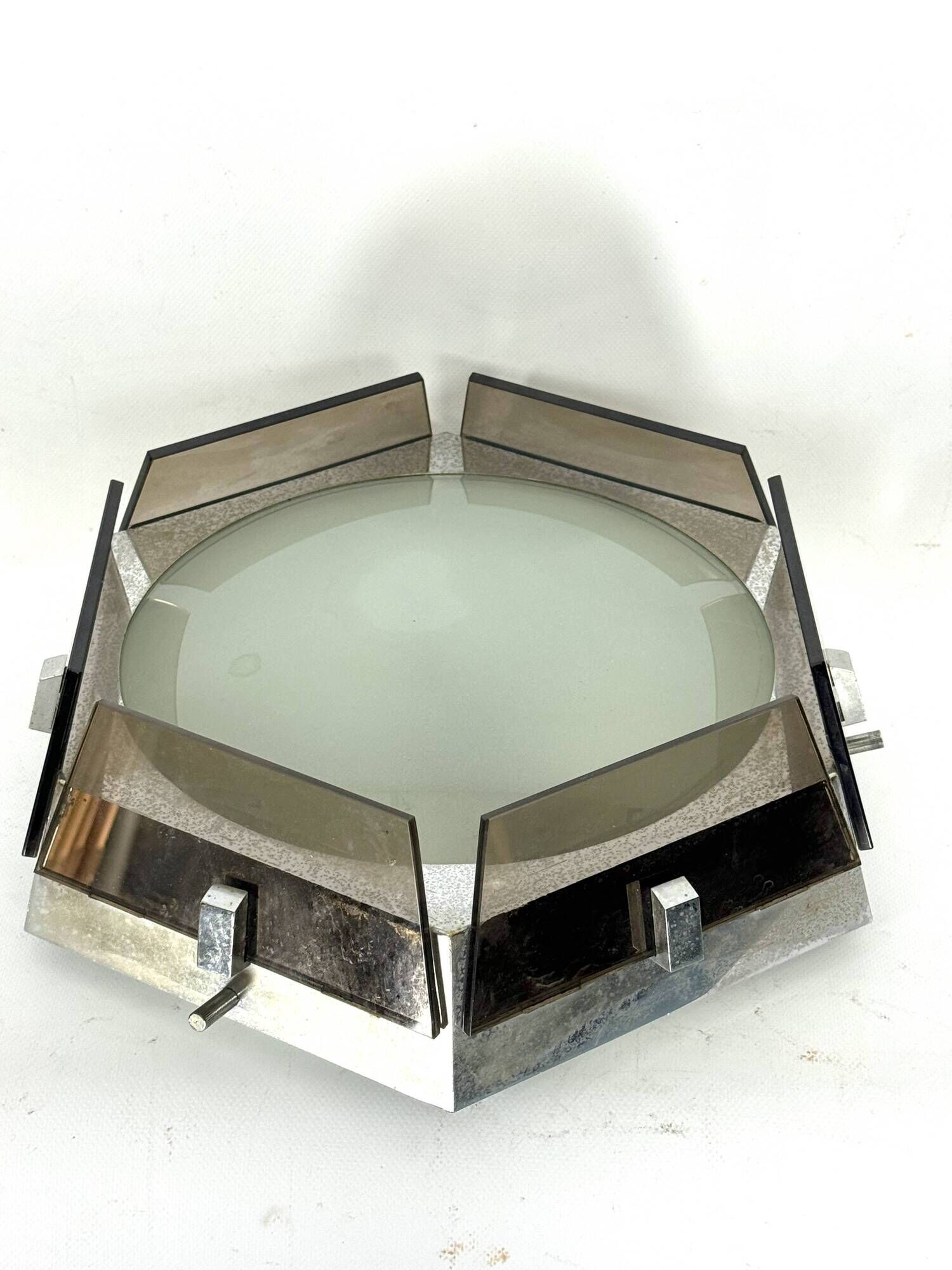 Veca, large exagonal ceiling lamp in glass and chrome. Italy 1970s