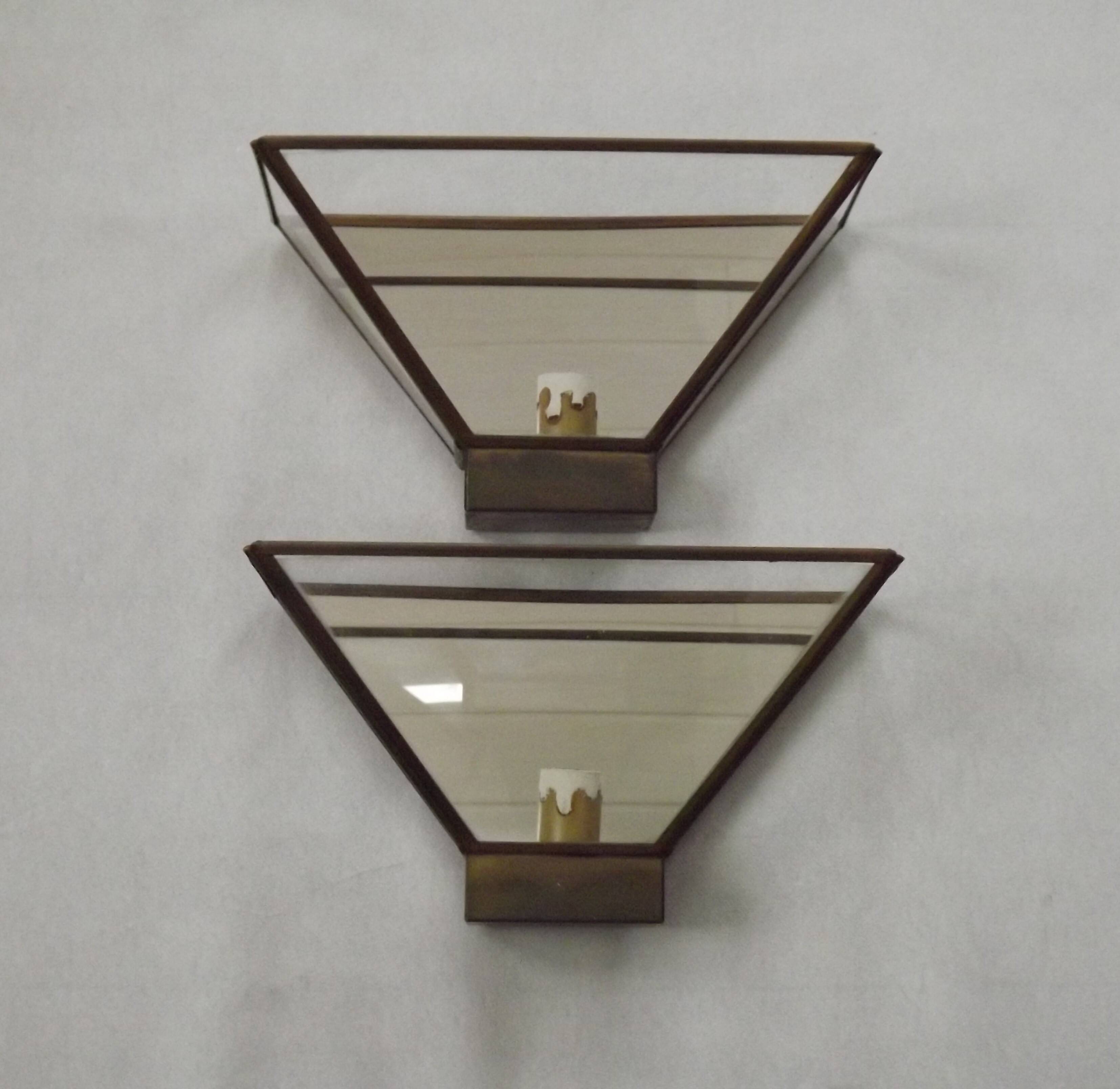 Matching Pair French Mid Century Copper & Glass Single Mirrored Wall Lights 5138