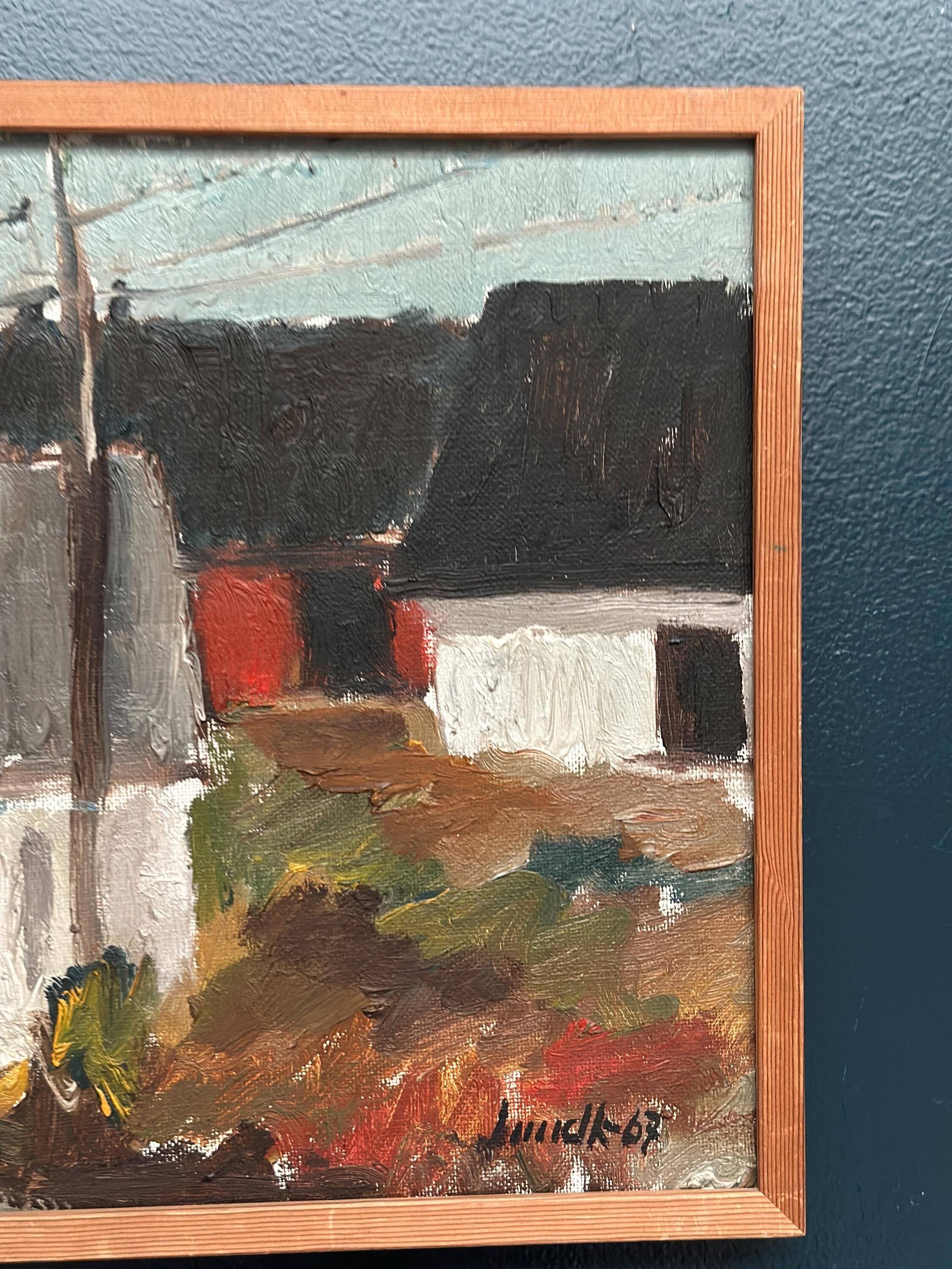 huile sur toile suédoise du milieu du siècle – « Parmi les maisons » par Karl Bertil Lundh – 1967 – Vintage et encadrée