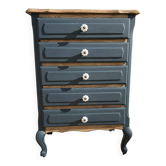 Chiffonnier 5 tiroirs rénové style Louis XV bleu de Prusse et bois