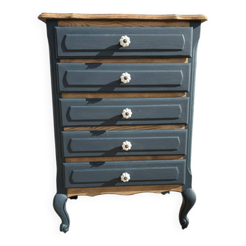 Revamped 5-drawer chest - Prussian Blue & Wood / Louis XV Style