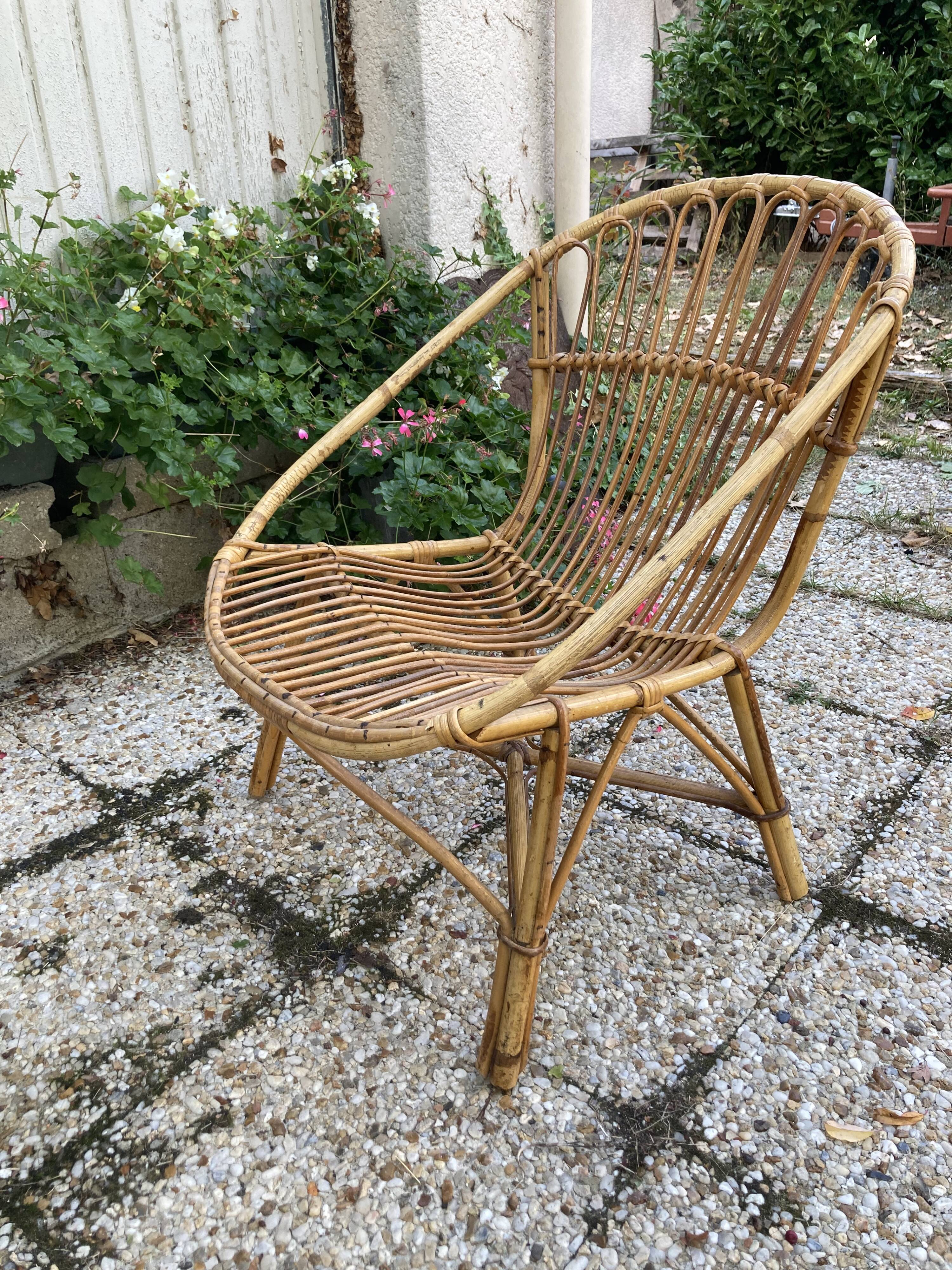 Set of 3 vintage rattan armchairs