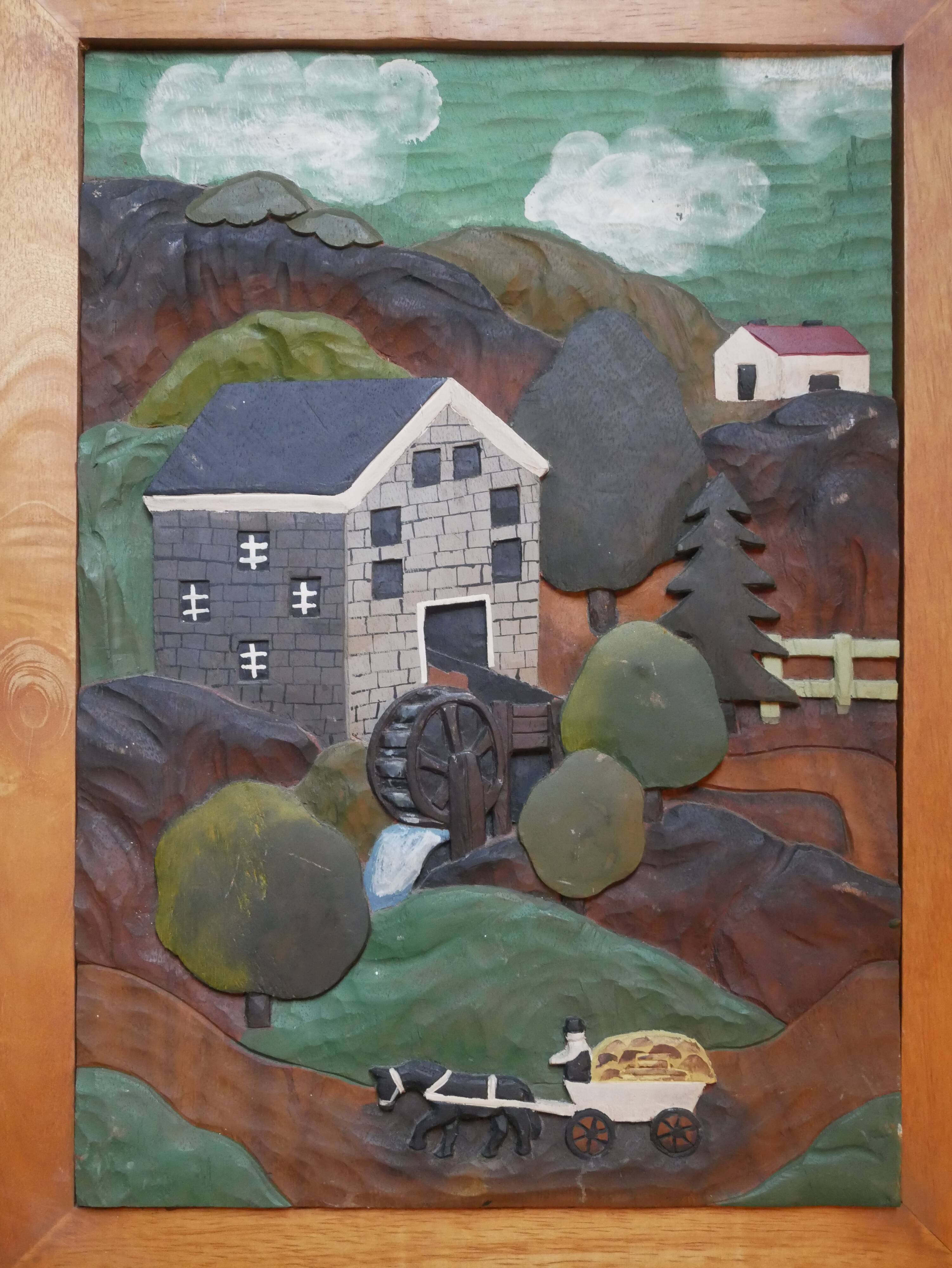 Naïve Art Painting in Handcrafted Wood Decorative Frame for Child Boy Mountain Landscape