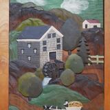 Naïve Art Painting in Handcrafted Wood Decorative Frame for Child Boy Mountain Landscape