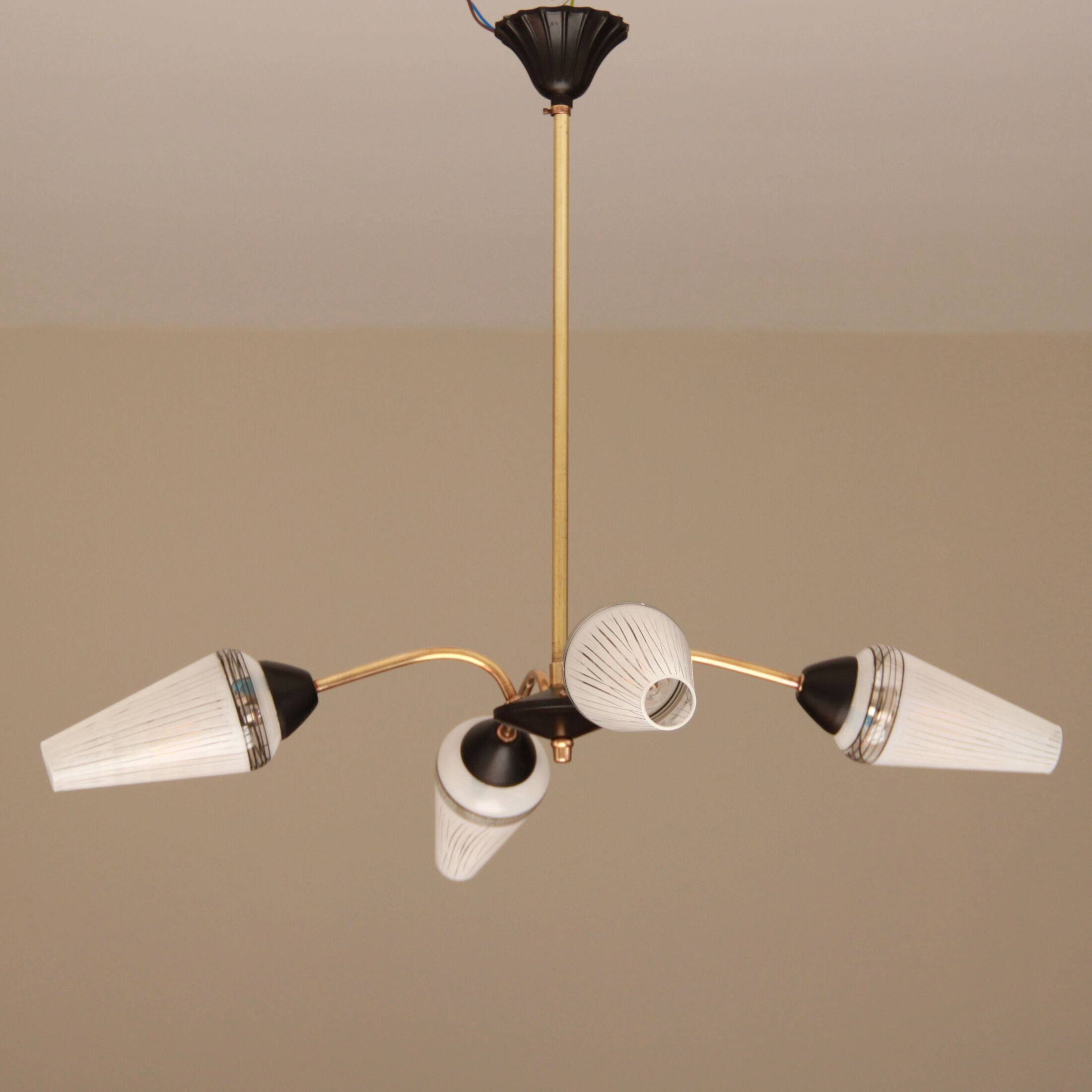 Suspension chandelier brass 4 branches tulips glass 1950 1960