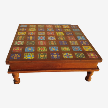 Square rosewood tea table with 49 small hand-painted ceramic tiles