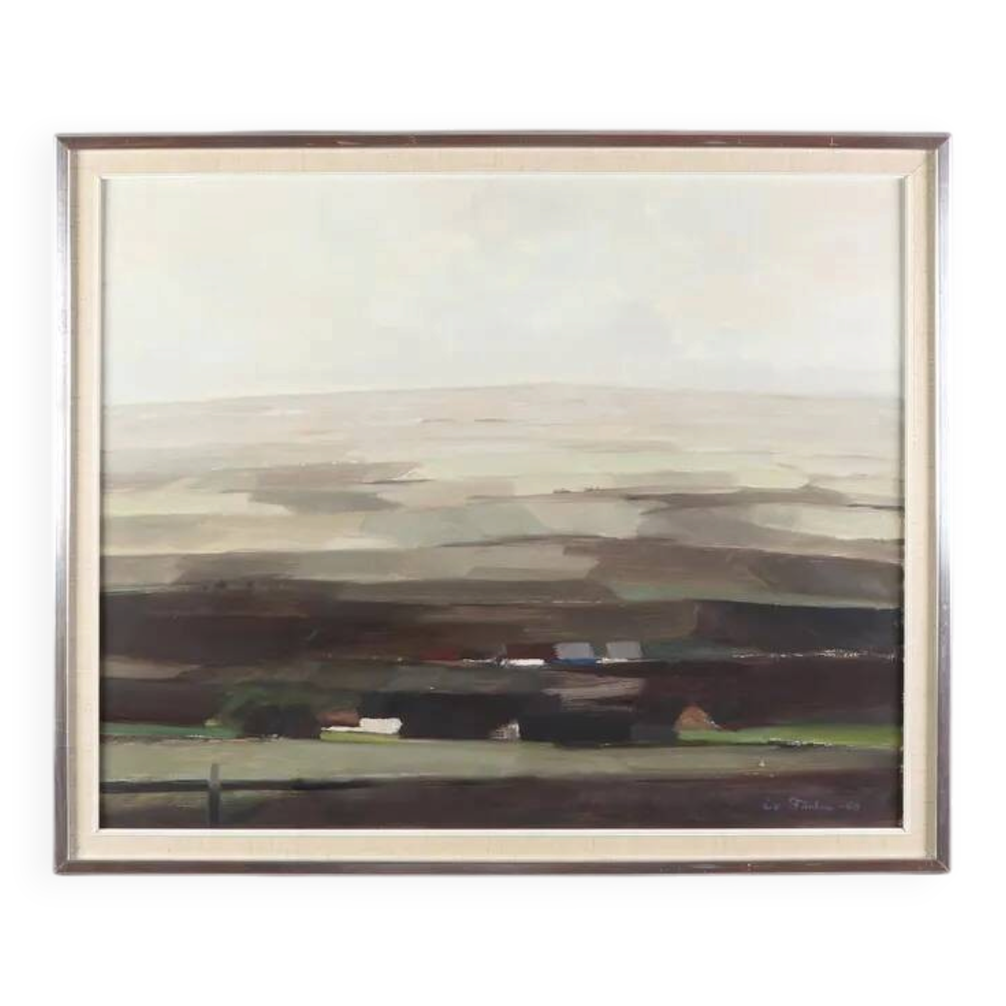 Oil on panel original Swedish - "House in a flat landscape" by Evert Färhm - Dated 1968 - vintage and framed - 81 × 68 cm (31.9" × 26.8")