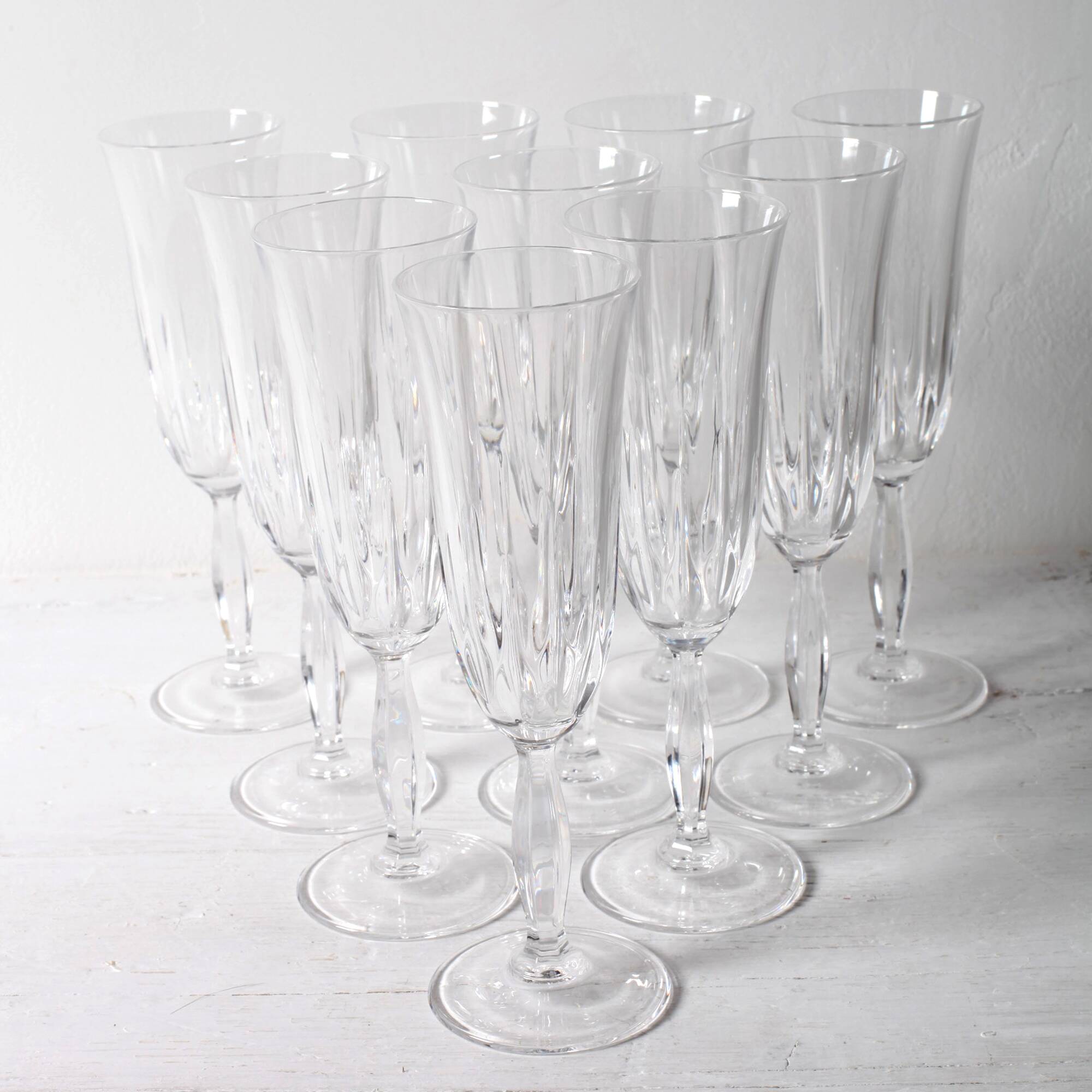 Set of 10 Vintage Crystal Champagne Flutes, Clear Italian Stemware