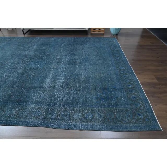 1970s Vintage Persian Handmade Wool Cotton Blue Area Rug 277x360