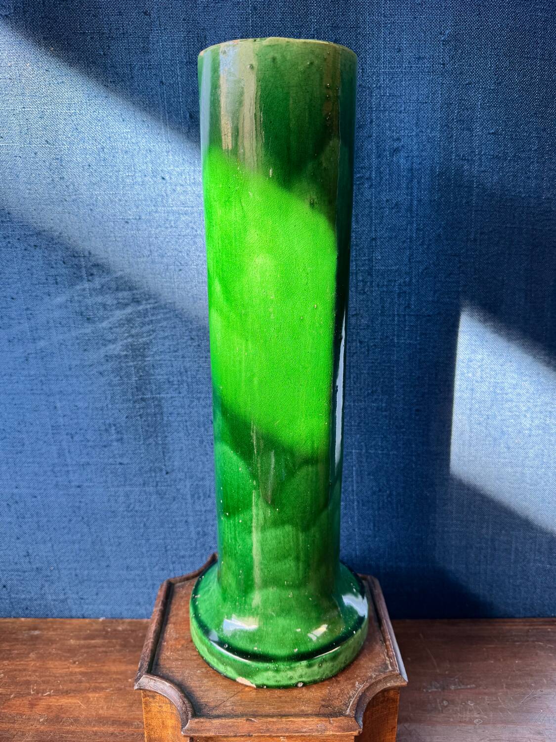 Large Art Nouveau vase in crackled green glazed stoneware – Baluster neck