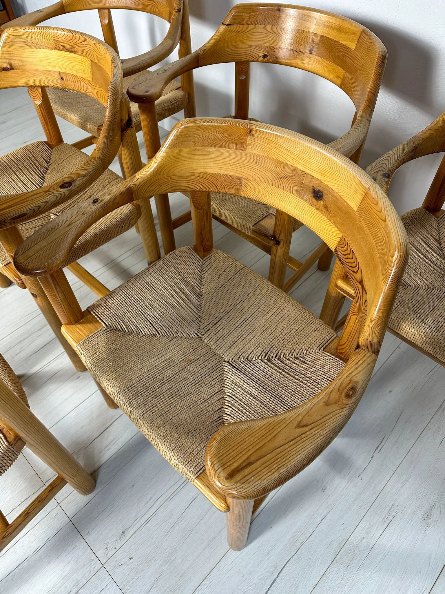 1970s Set of 6 Vintage Pine Dining Armchairs by Rainer Daumiller