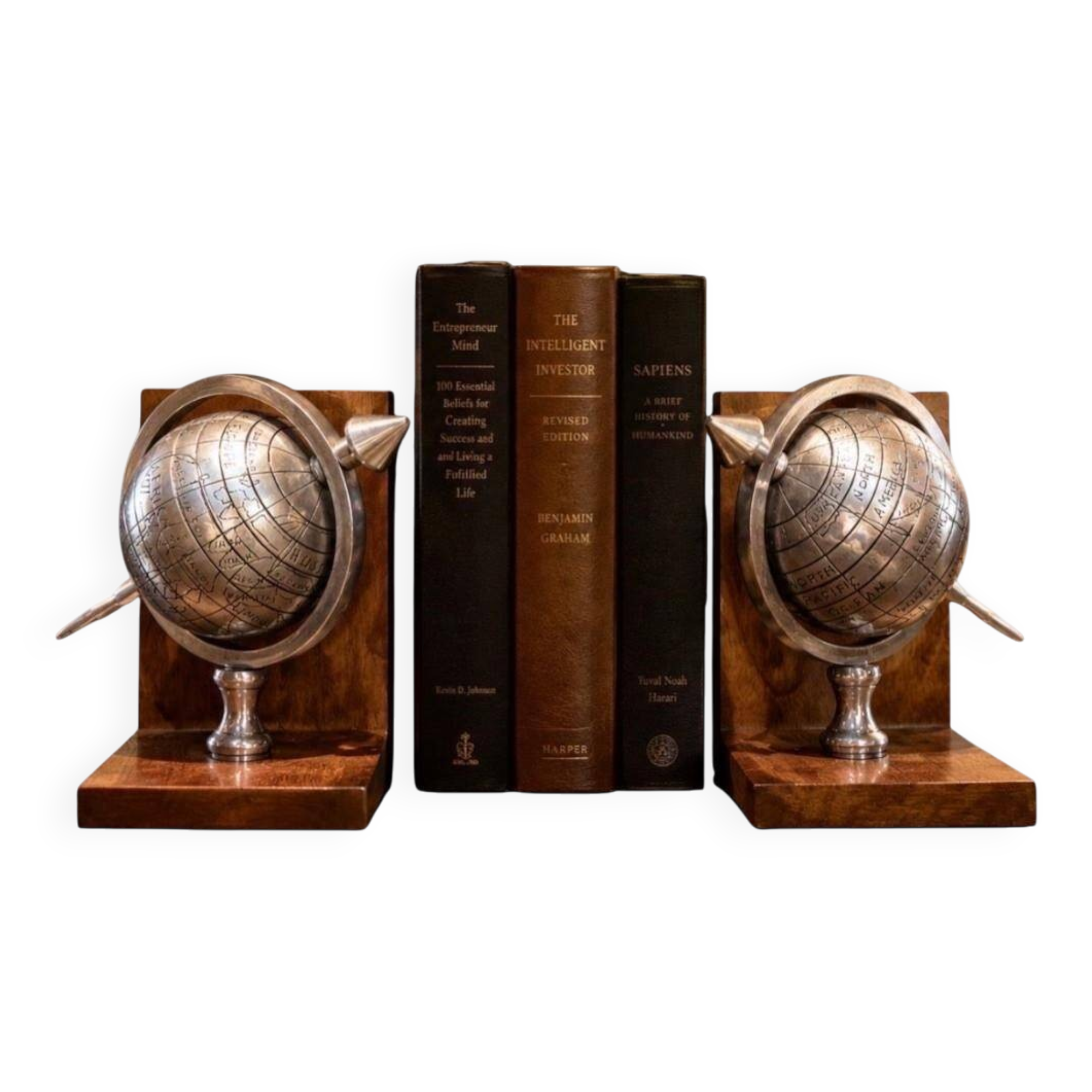 Pair of 20th Century Atlas Globe Bookends Metal & Wood Decorative Book Holders