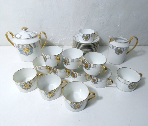 Service café thé Limoges Ribes porcelaine or argent nacre irisé Art Déco