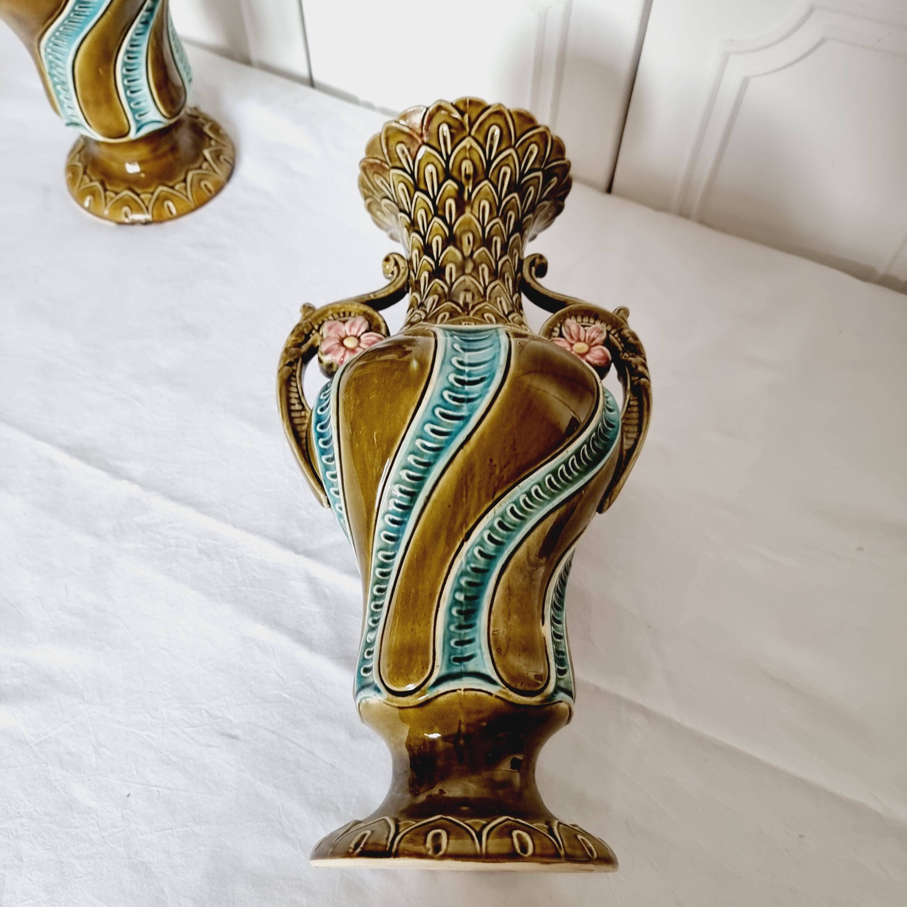 2 Vases from the 1900s-1920s in French Ceramic Onnaing Barbotine Art Nouveau