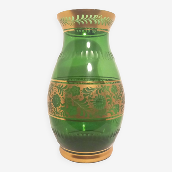 Emerald green glass vase with gold floral decor and cut details
