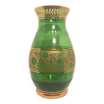 Emerald green glass vase with gold floral decor and cut details