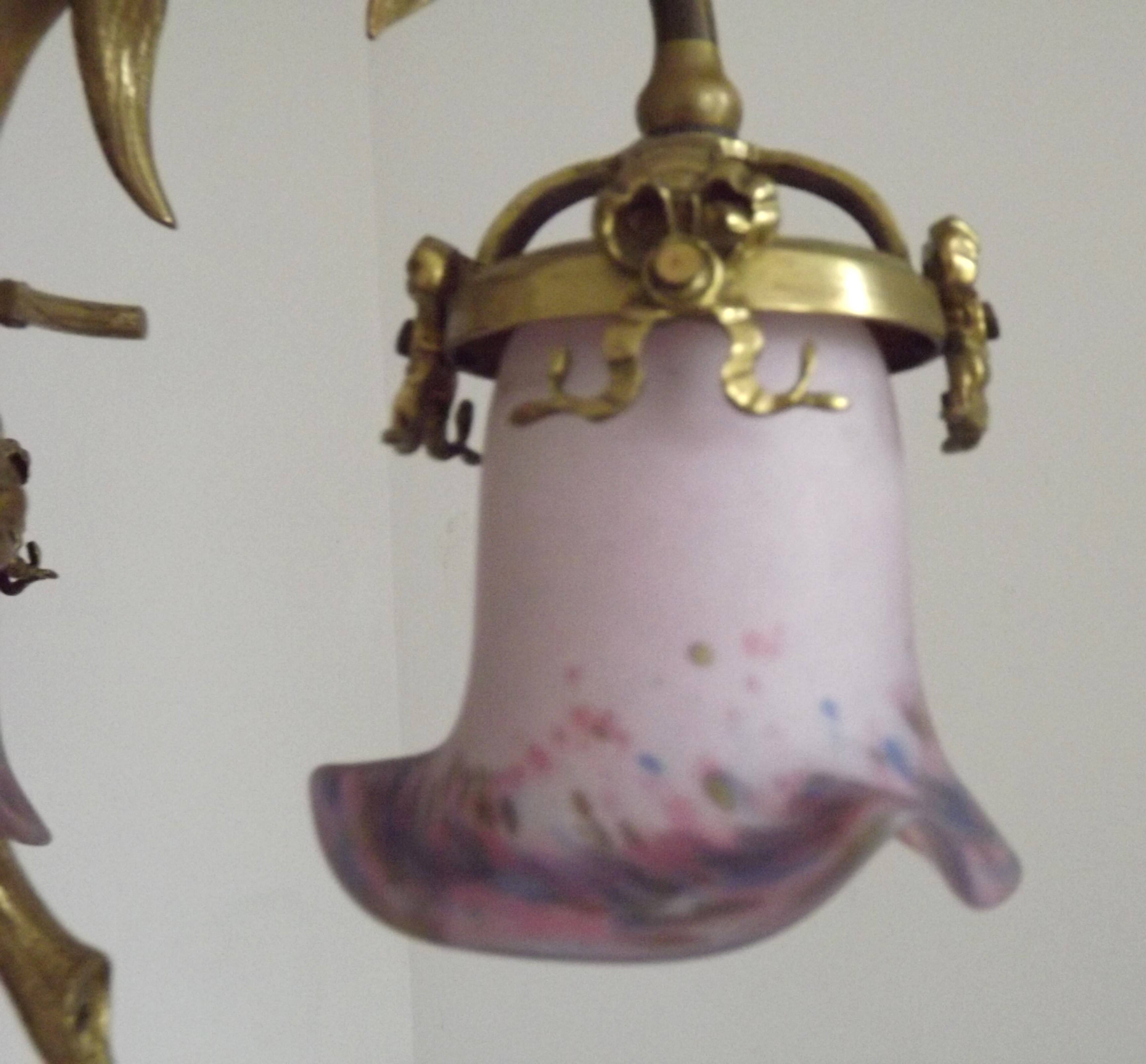 French Antique Late 1800s 3-Light Gilt Bronze Chandelier Art Glass Shades 5089