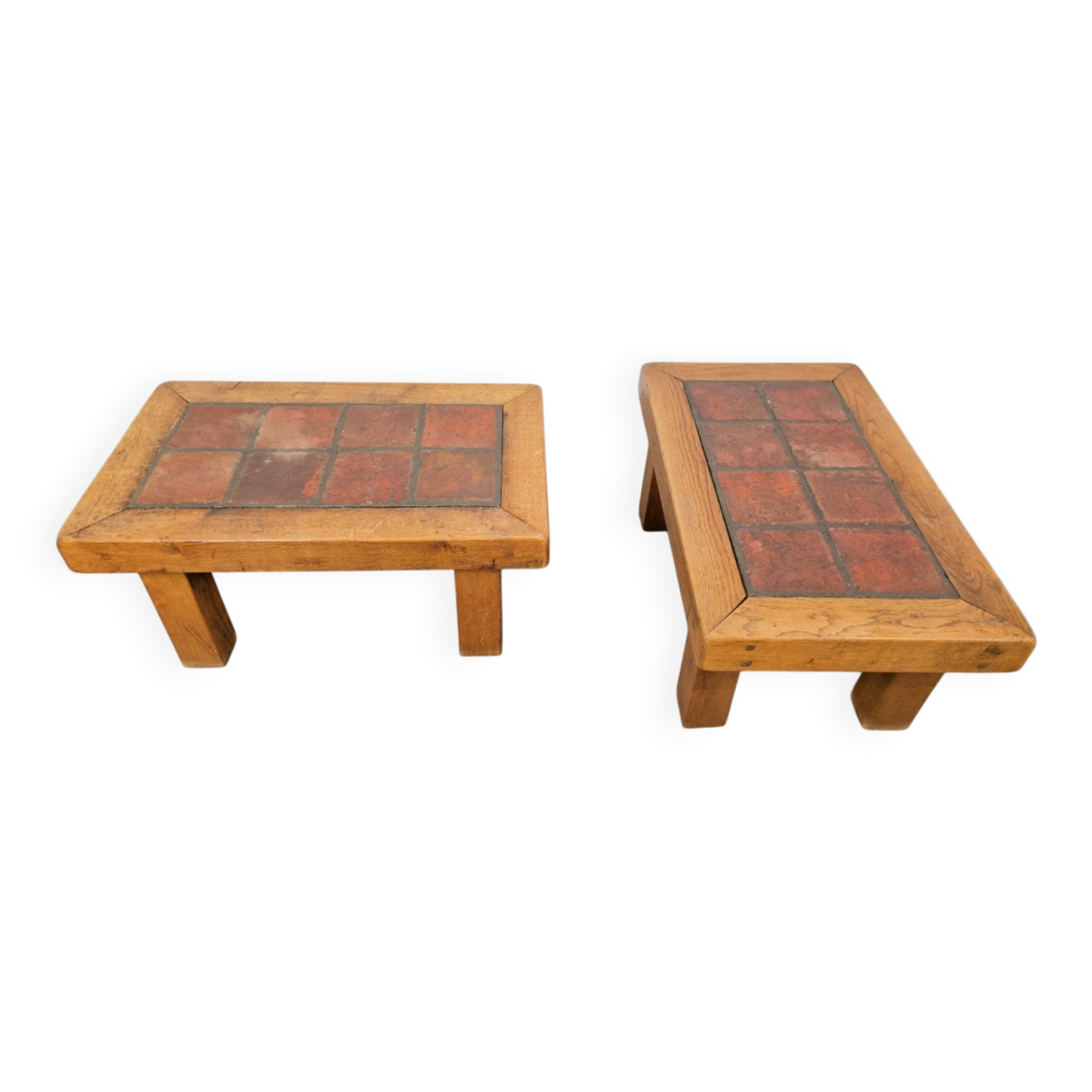 Brutalist Oak Side Table with Terracotta Tiles, 1950s, Set of 2