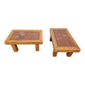 Tables d'appoint en chêne brutaliste avec carreaux en terre cuite, années 1950, ensemble de 2