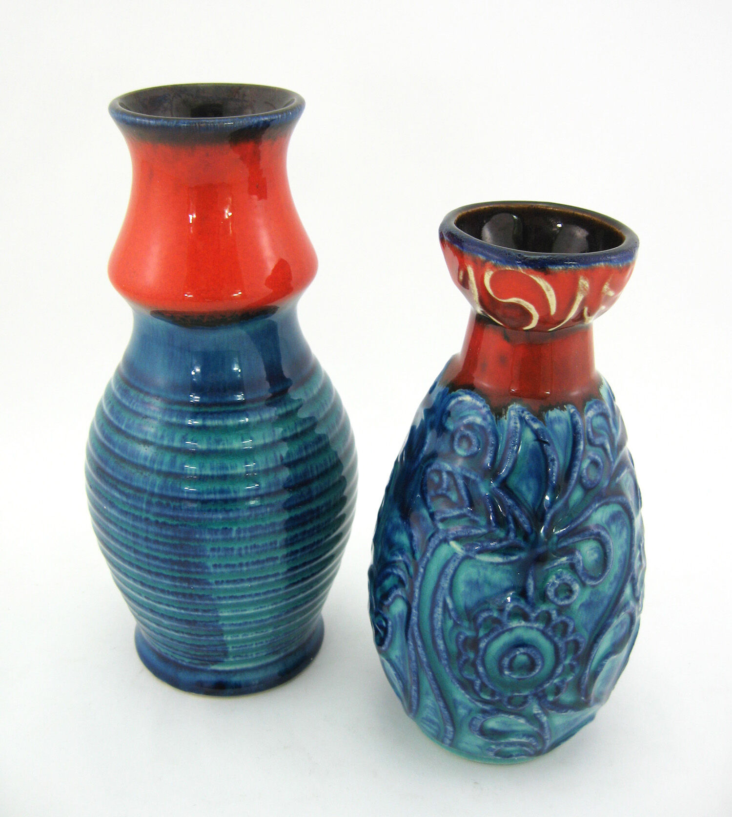 2 red and blue ceramic vases - Bodo Mans Bay Keramik - West Germany Pottery - vintage 60s