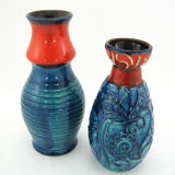 2 red and blue ceramic vases - Bodo Mans Bay Keramik - West Germany Pottery - vintage 60s