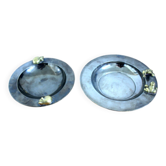 2 old round serving trays bronze handles and chrome finish Art