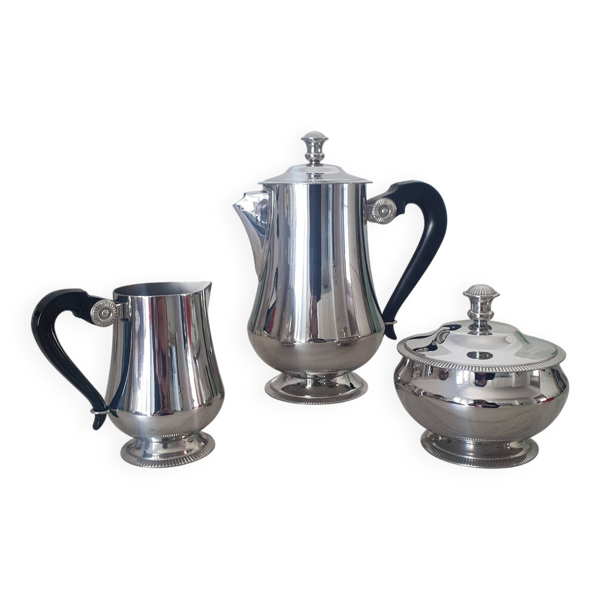 Rémy Letang / Théière, pot à lait et sucrier en inox 18/10 et bakélite