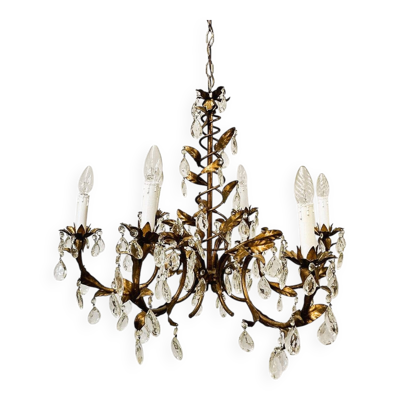 Lustre vintage en cristal à la feuille d'or avec 6 lumières, années 1950.