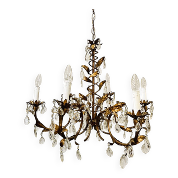 Vintage gold leaf crystal chandelier with 6 lights, 1950s.
