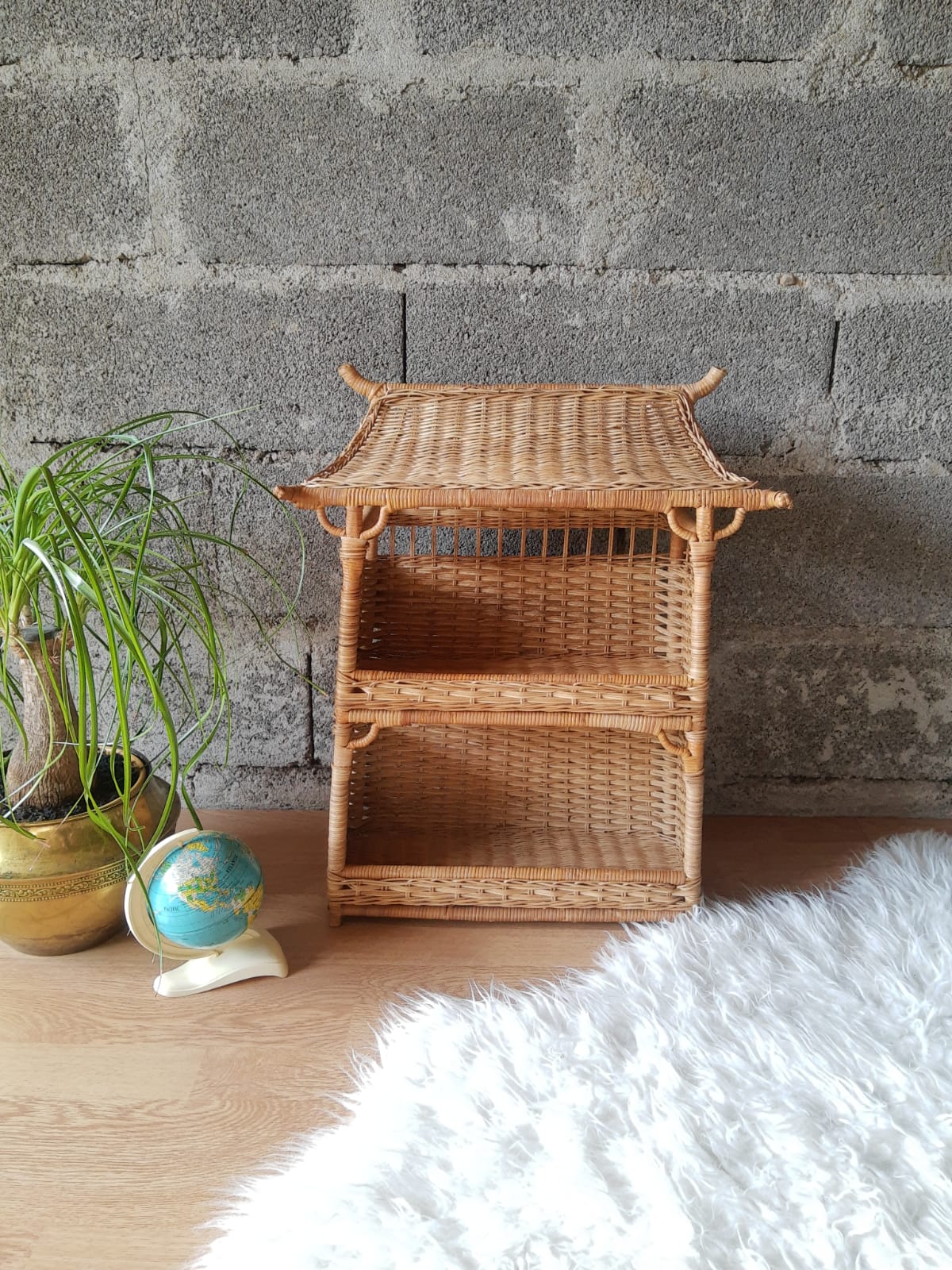 Wall shelf or to be placed in unique Japanese style rattan vintage pagoda