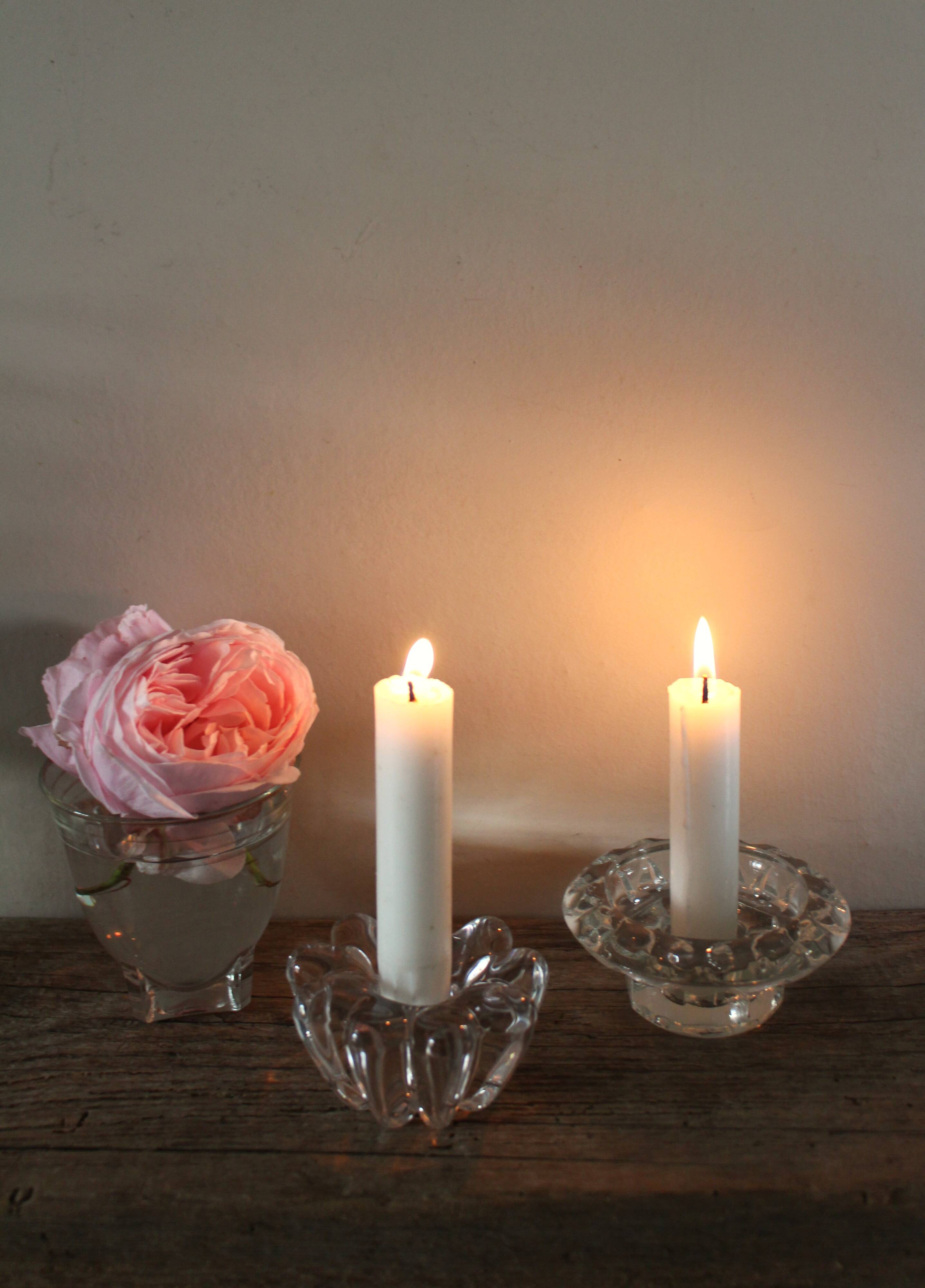 Set of 2 vintage glass candle holders with flower carving