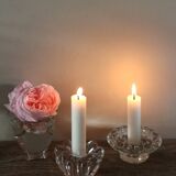 Set of 2 vintage glass candle holders with flower carving