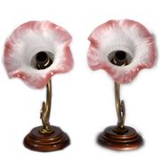 Set of 2 tulip-shaped wall lights in glass, wood, and bronze, art deco style.