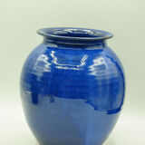Blue enamelled terracotta vase signed to identify contemporary design collection