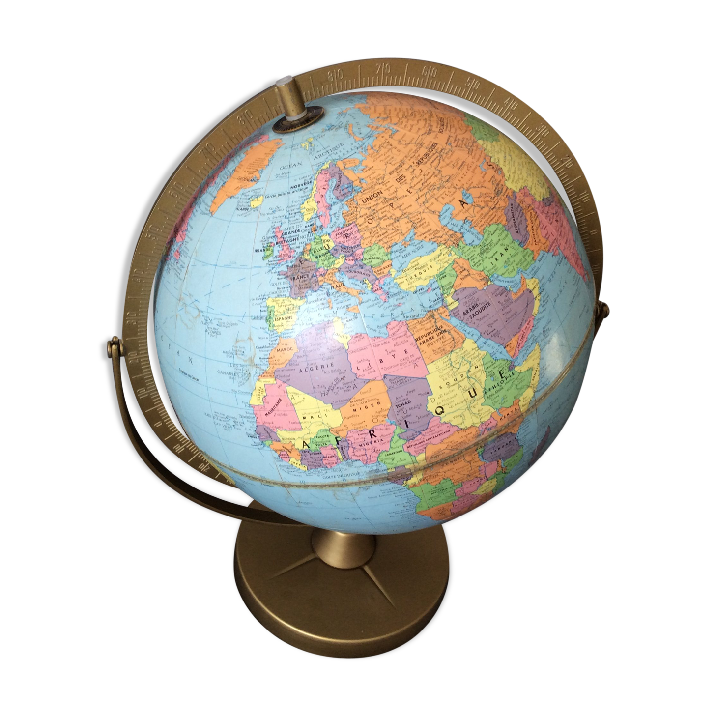 Globe terrestre marque Taride scan globe en carton et pied en métal 1960
