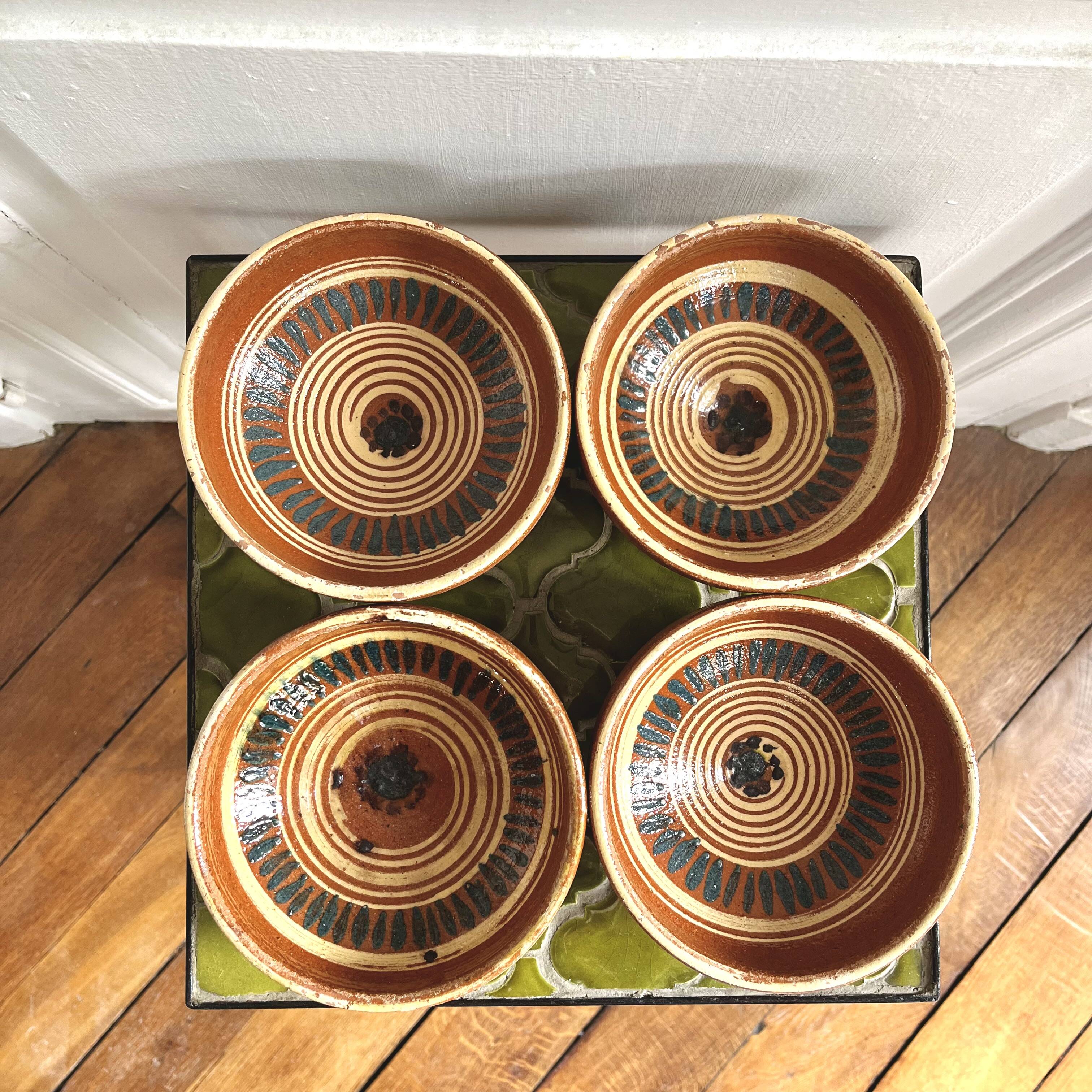 4 old handcrafted pottery bowls