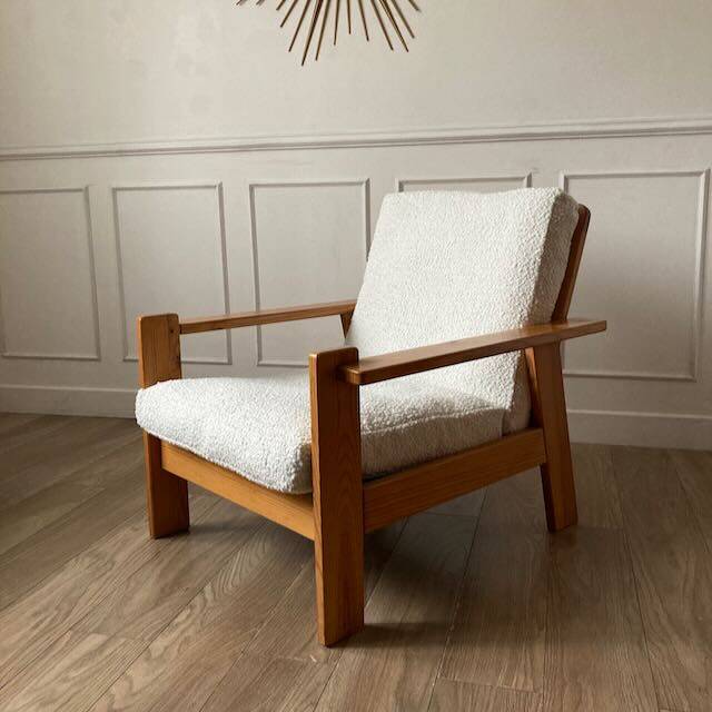 80s pine and boucle armchair
