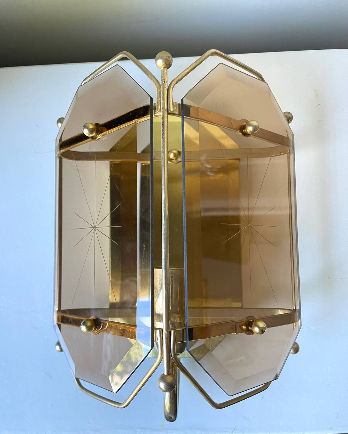 Scandinavian Vintage  wall light Sconce in Brass & Amber colored Glass