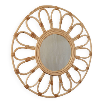 Miroir soleil en rotin et bambou vintage