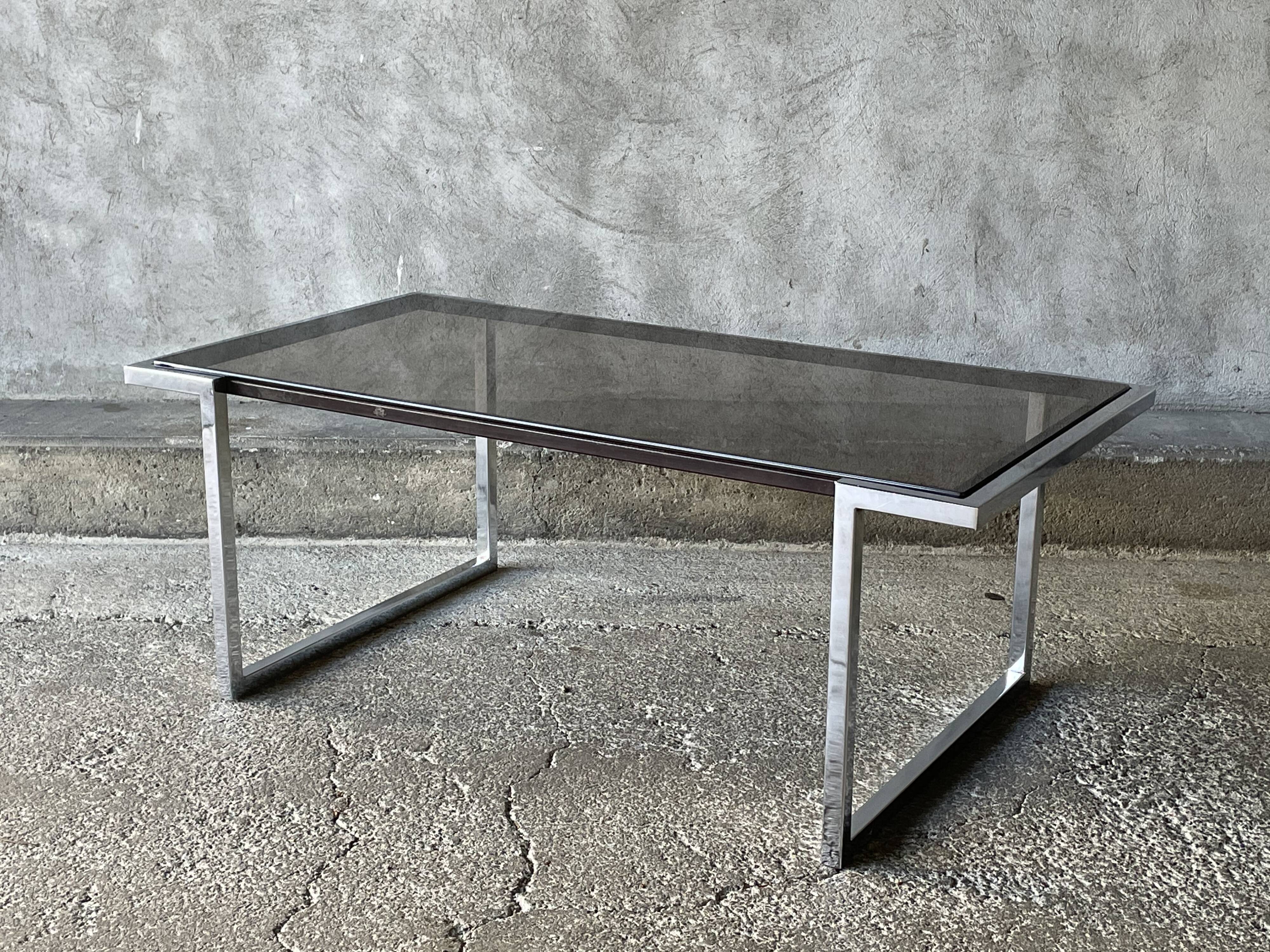 Coffee table in chromed metal and smoked glass, 1970s