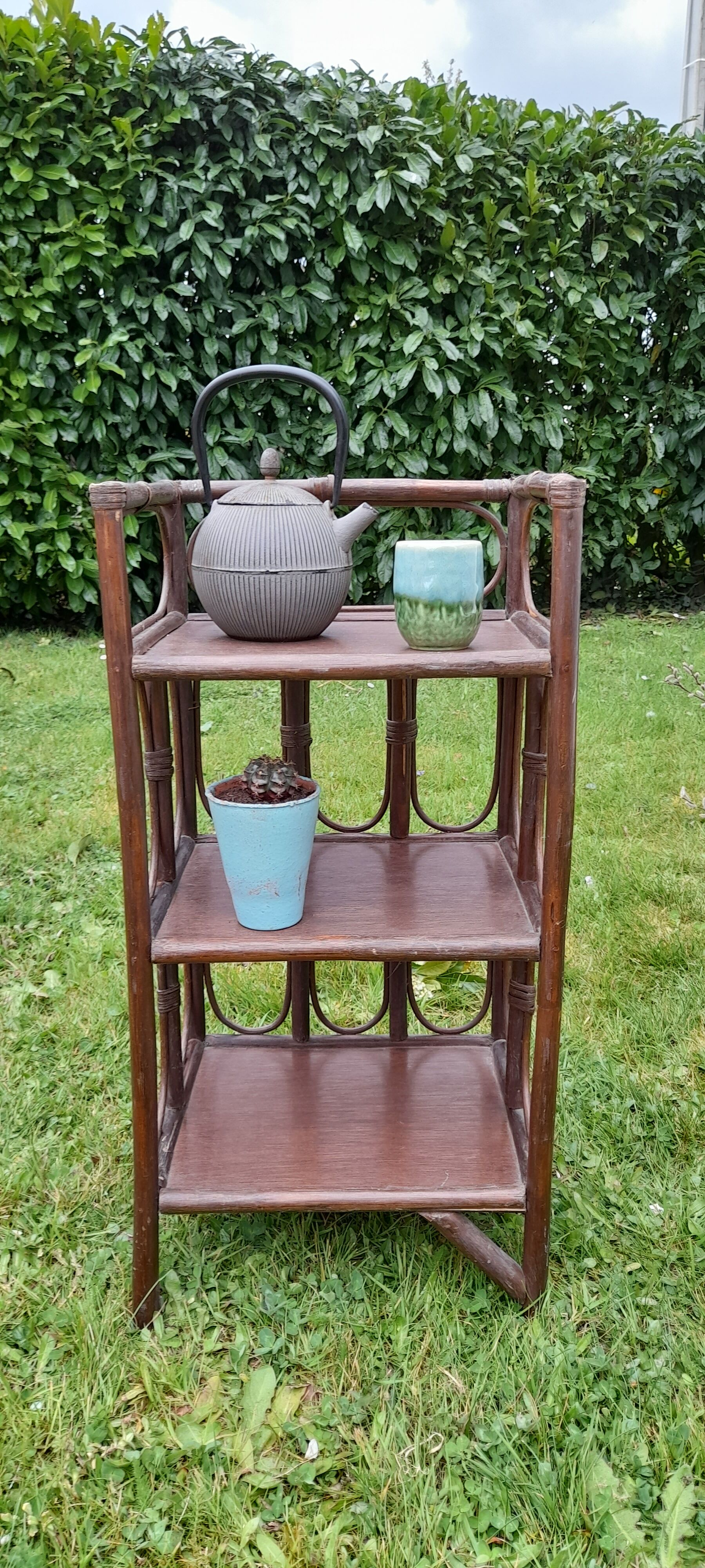 Bamboo and rattan foot shelf, dark version, vintage