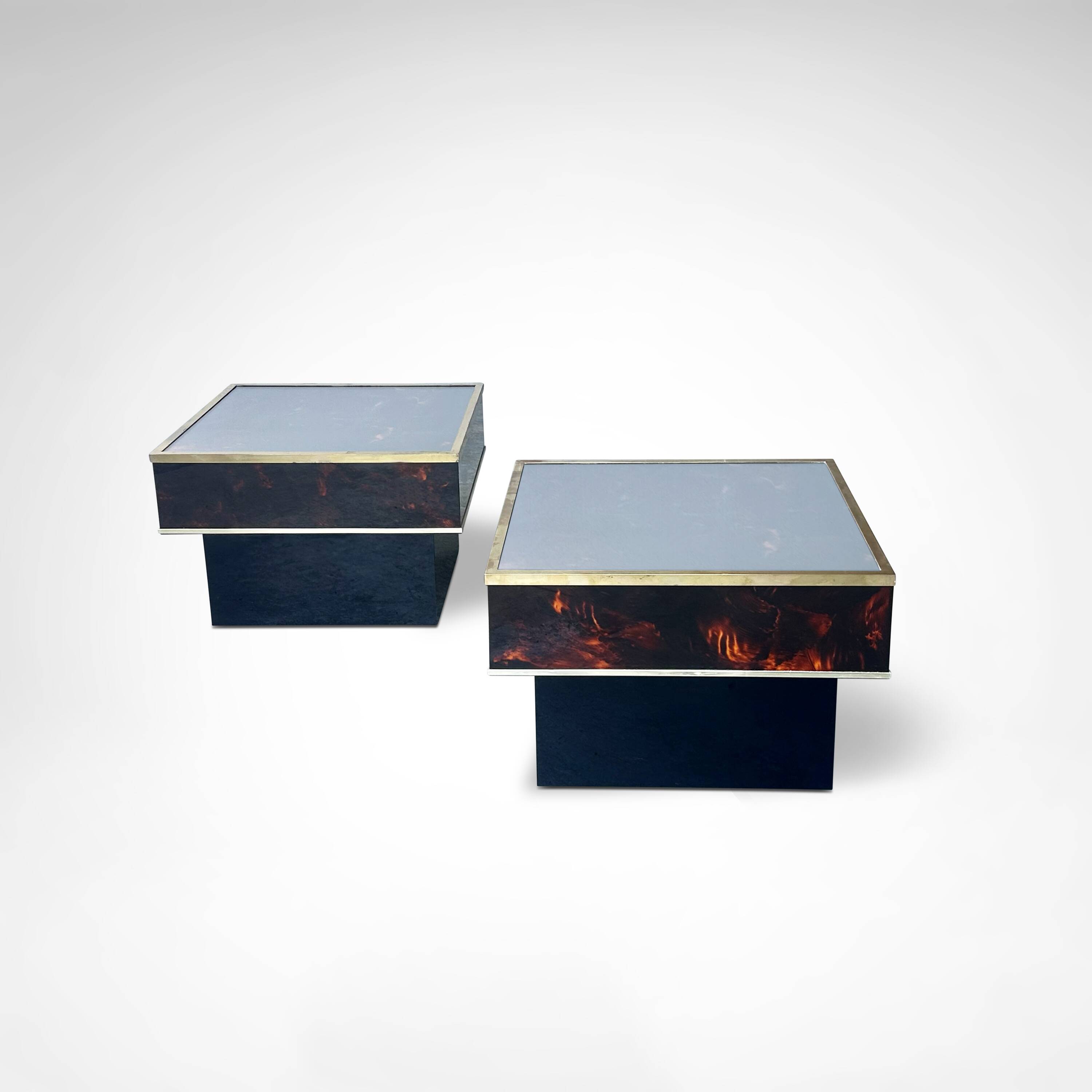 Coffee – and side tables in burl wood and plexiglass by Eric Maville 1980s