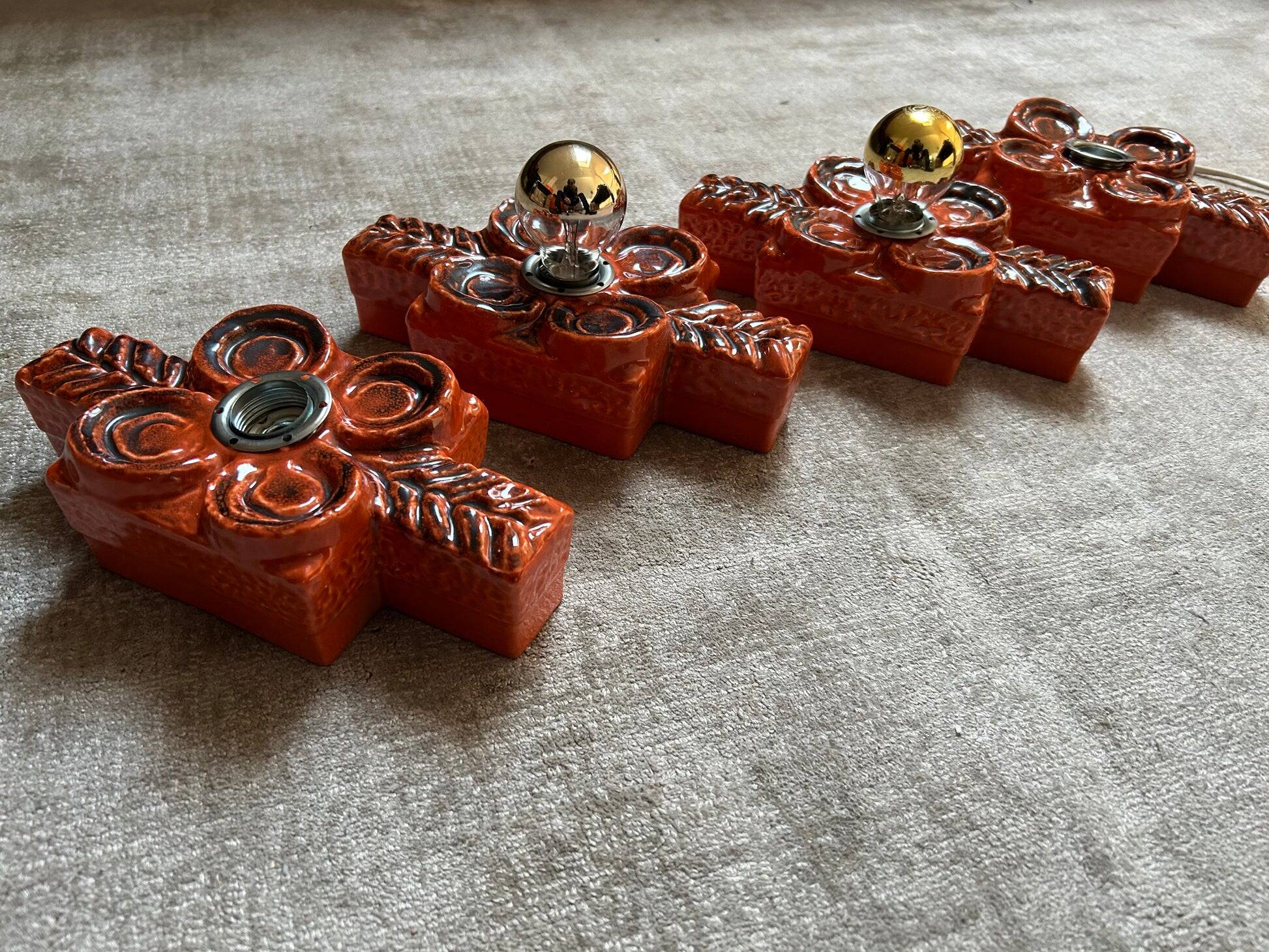 Set of 4 wall sconces in ceramic by Traudl Brunnquell, model 4320, West Germany, 1970s, Fat Lava.